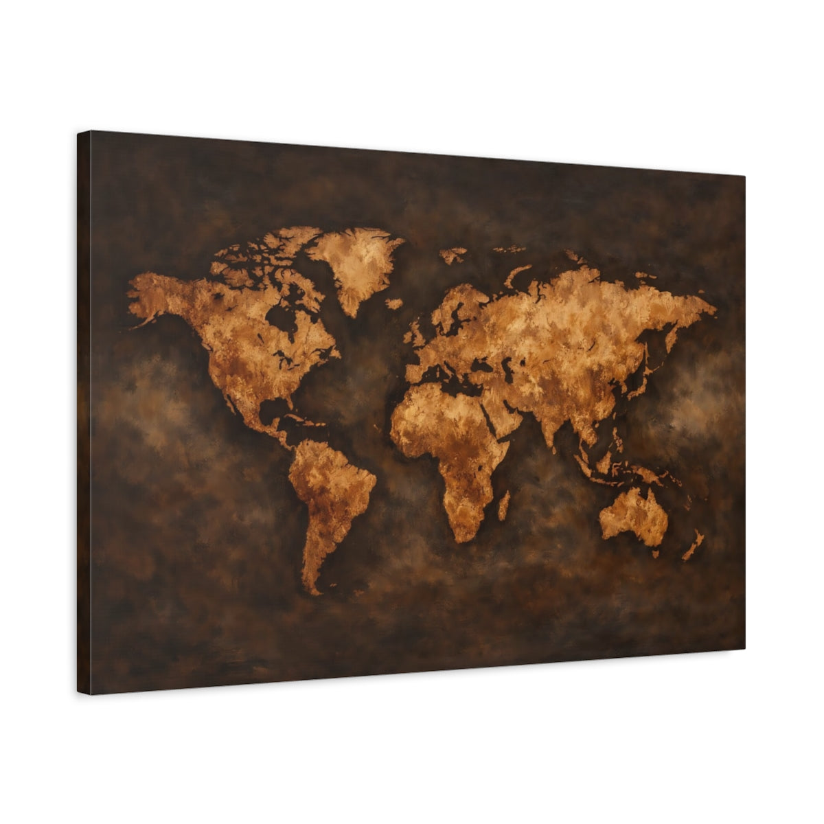 Side Mockup 2. Maps World Map Gold And Brown Map shown as stretched canvas wall art