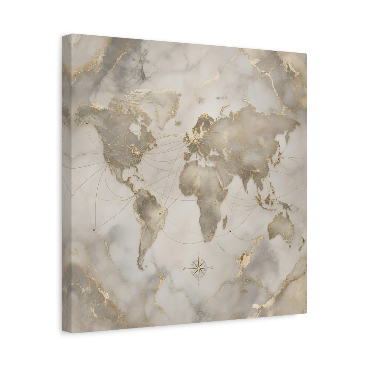 Side Mockup 6. Maps World Map Gold And Grey shown as stretched canvas wall art