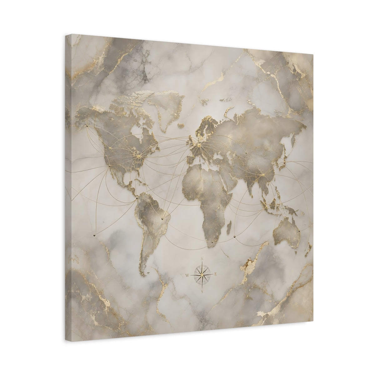 Side Mockup 4. Maps World Map Gold And Grey shown as stretched canvas wall art