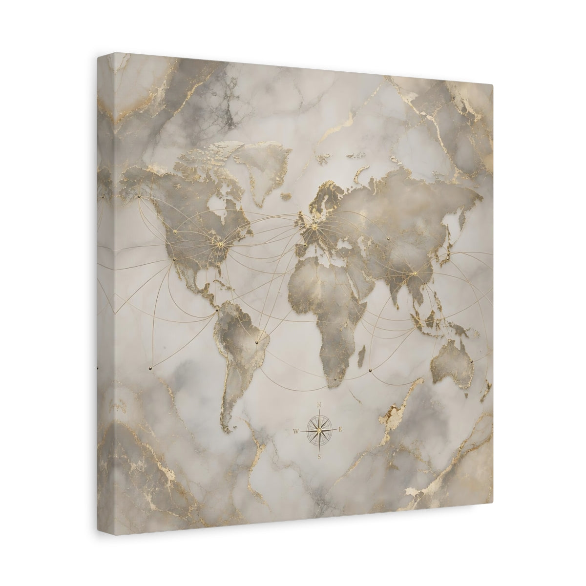 Side Mockup 7. Maps World Map Gold And Grey shown as stretched canvas wall art