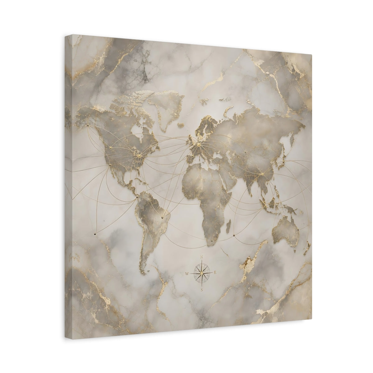 Side Mockup 5. Maps World Map Gold And Grey shown as stretched canvas wall art
