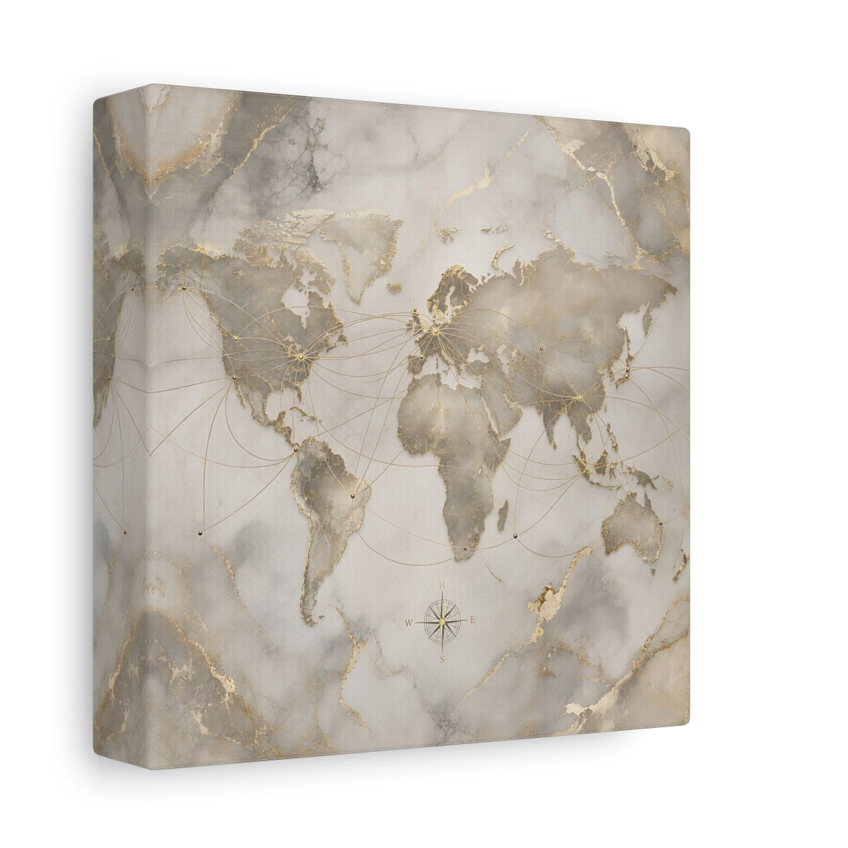Side Mockup 2. Maps World Map Gold And Grey shown as stretched canvas wall art