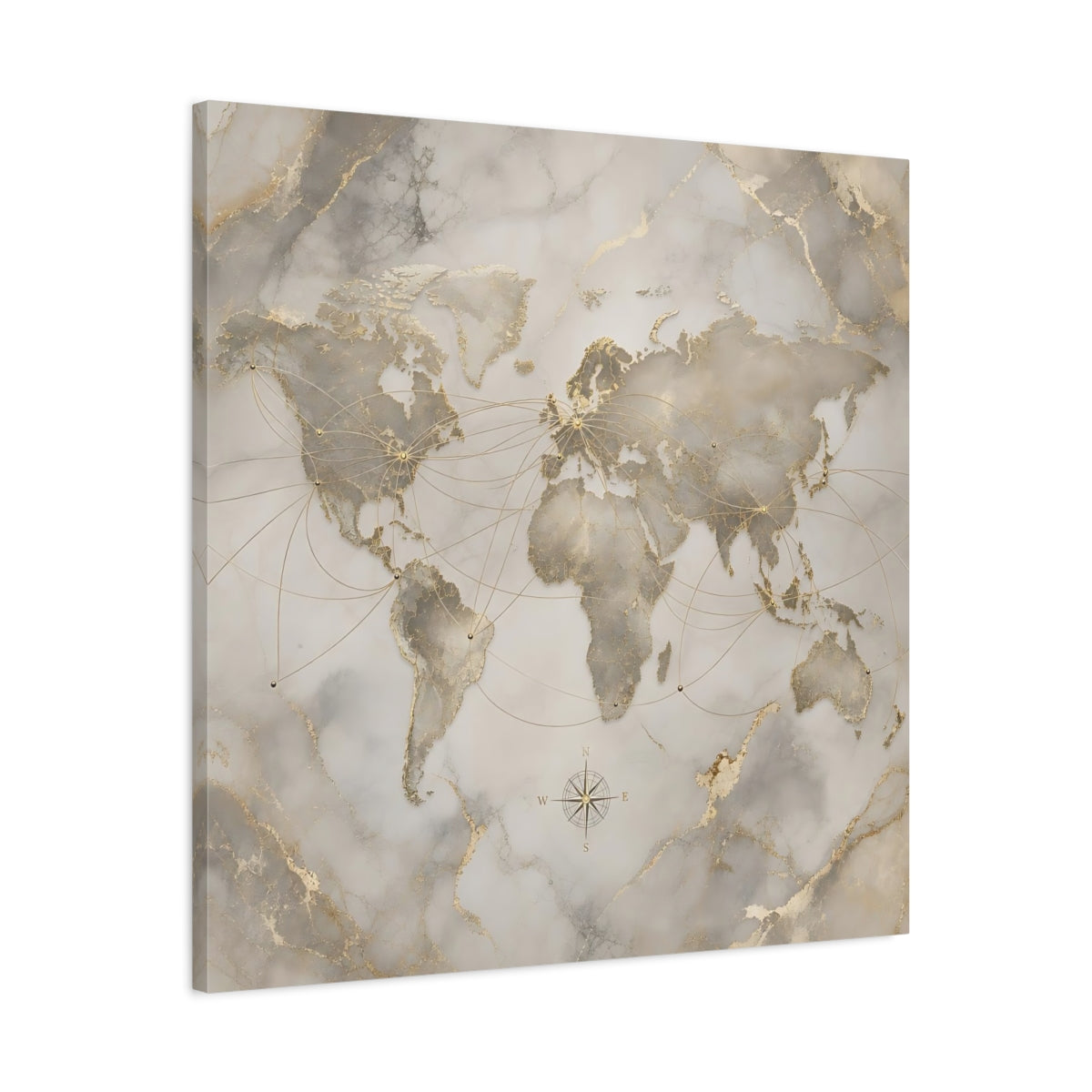 Side Mockup 3. Maps World Map Gold And Grey shown as stretched canvas wall art