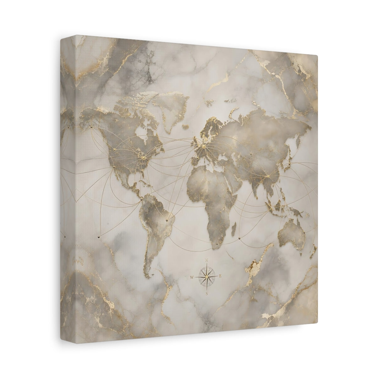 Side Mockup 9. Maps World Map Gold And Grey shown as stretched canvas wall art
