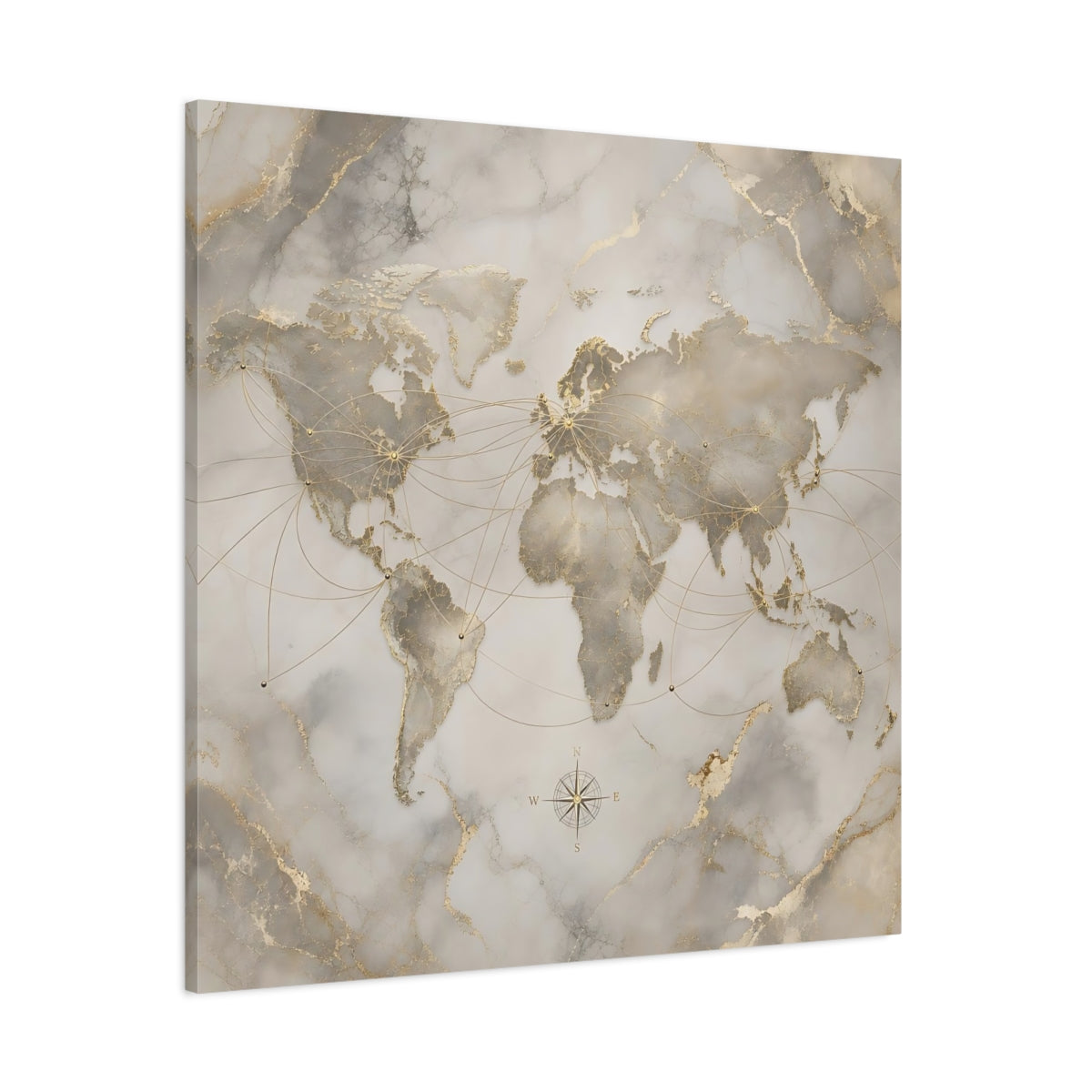 Side Mockup 1. Maps World Map Gold And Grey shown as stretched canvas wall art