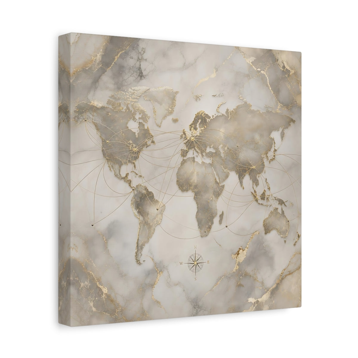 Side Mockup 8. Maps World Map Gold And Grey shown as stretched canvas wall art