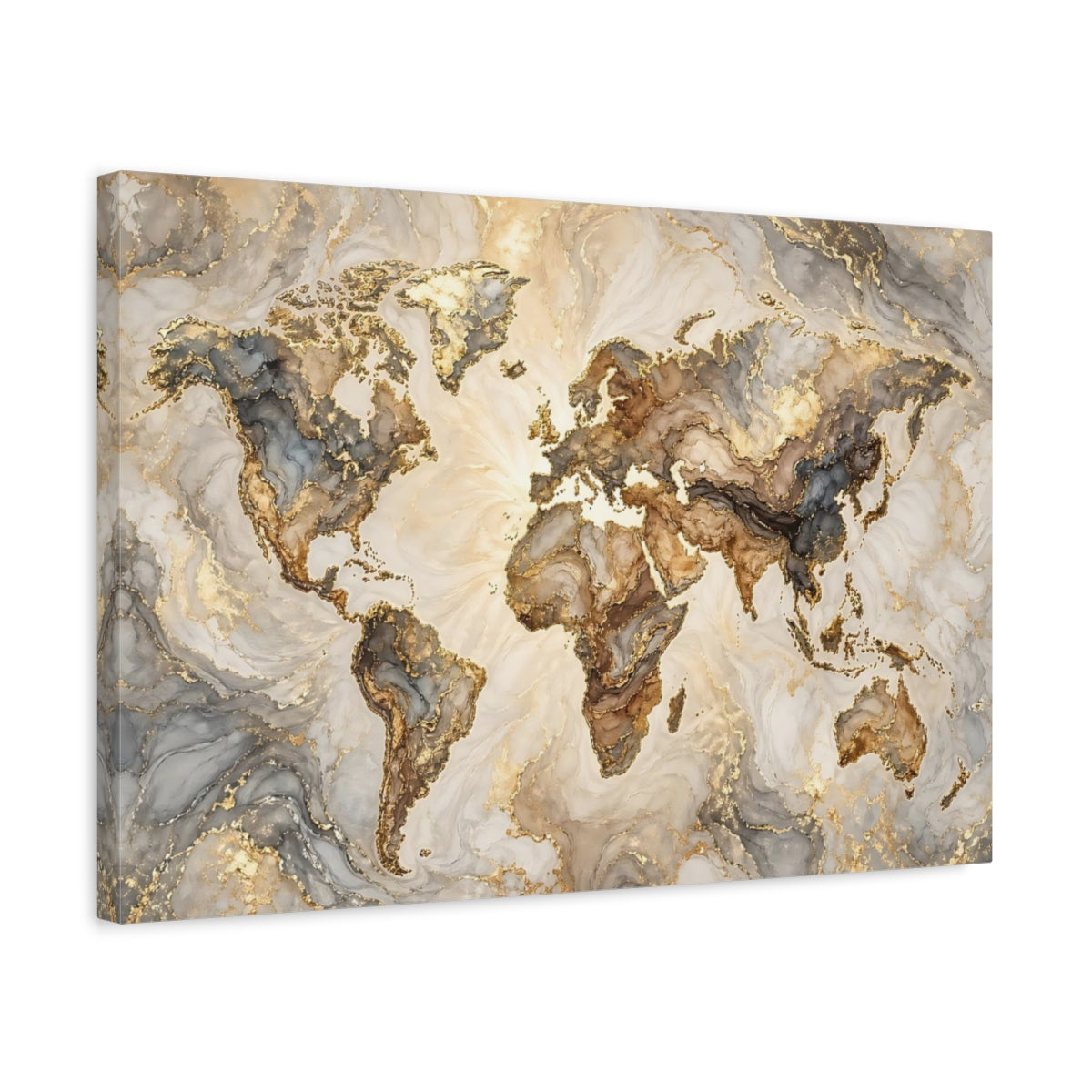 Side Mockup 3. Maps World Map Gold Marble Abstract shown as stretched canvas wall art