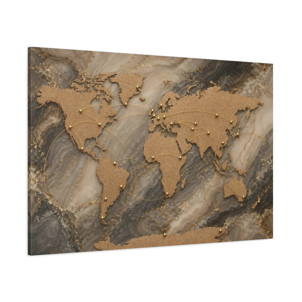 Side Mockup 1. Maps World Map Gold Marble World shown as stretched canvas wall art