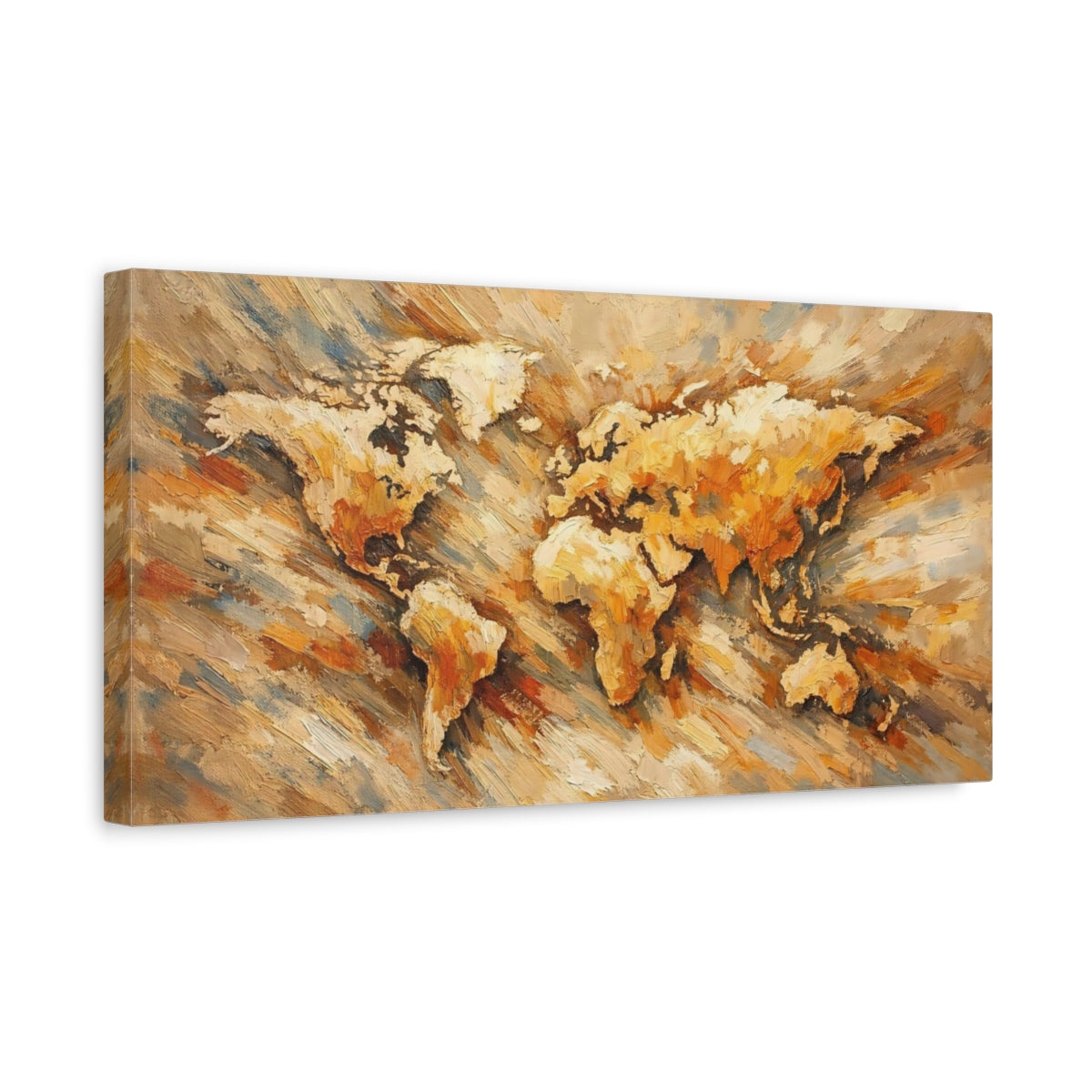 Side Mockup 3. Maps World Map Golden World Map shown as stretched canvas wall art
