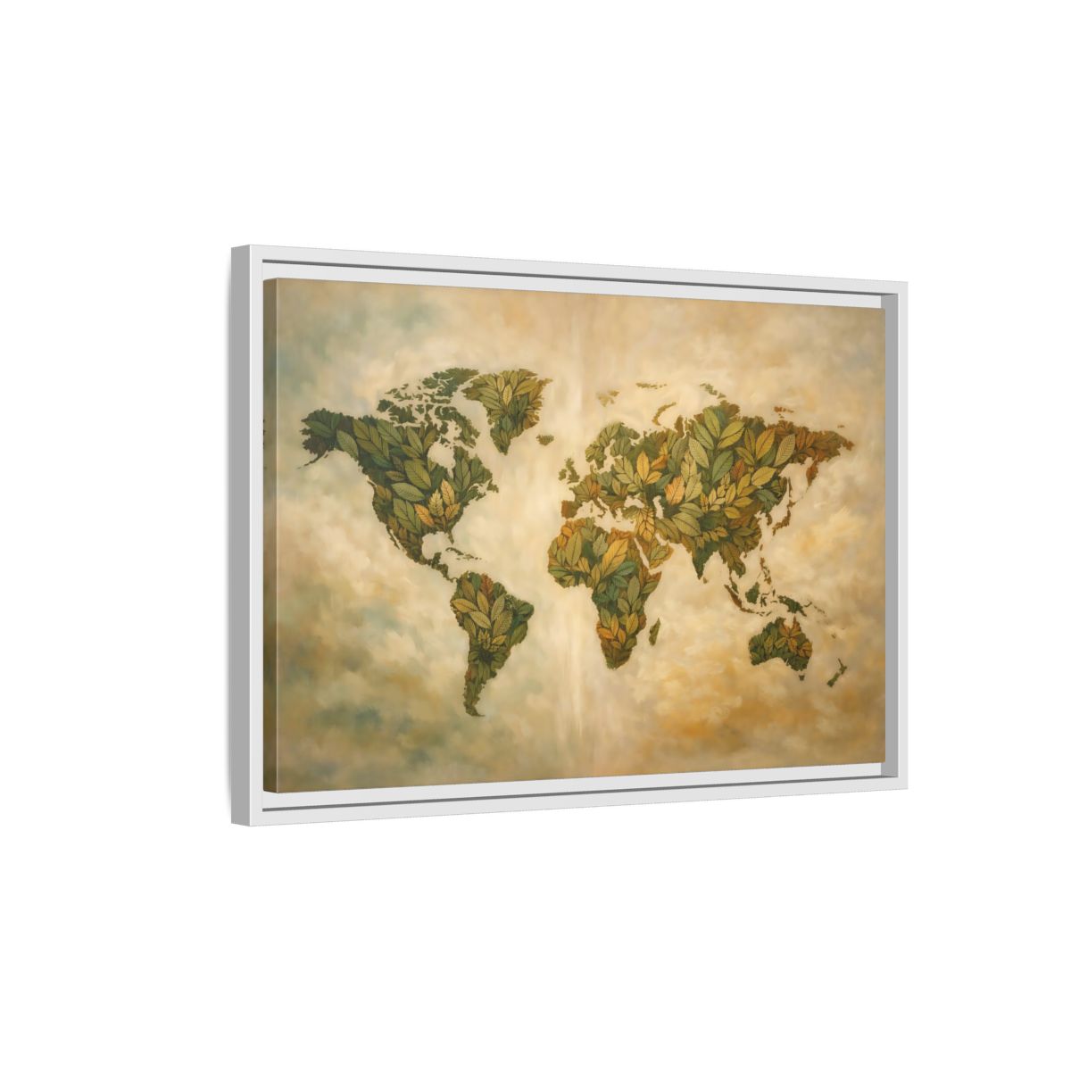 Side Mockup 1. Maps World Map Green World Map shown as stretched canvas wall art