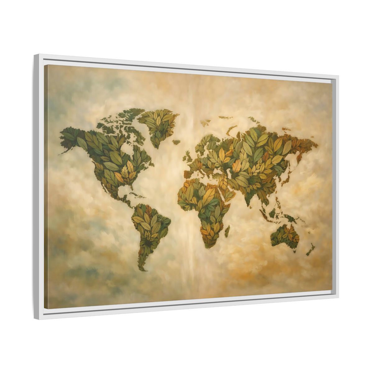 Side Mockup 8. Maps World Map Green World Map shown as stretched canvas wall art