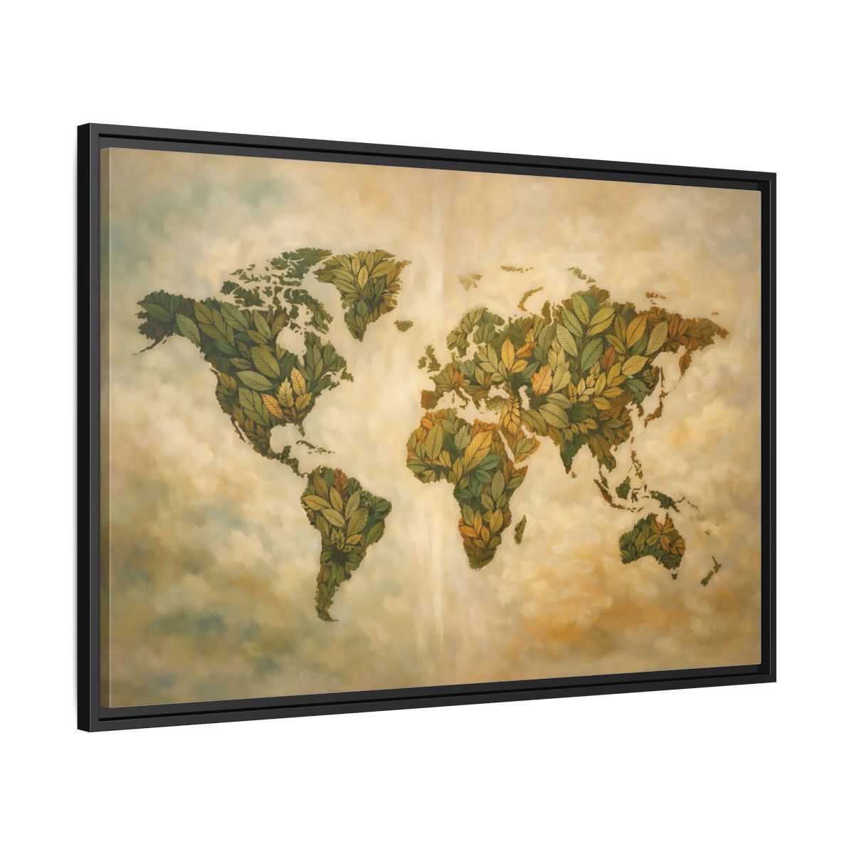 Side Mockup 13. Maps World Map Green World Map shown as stretched canvas wall art