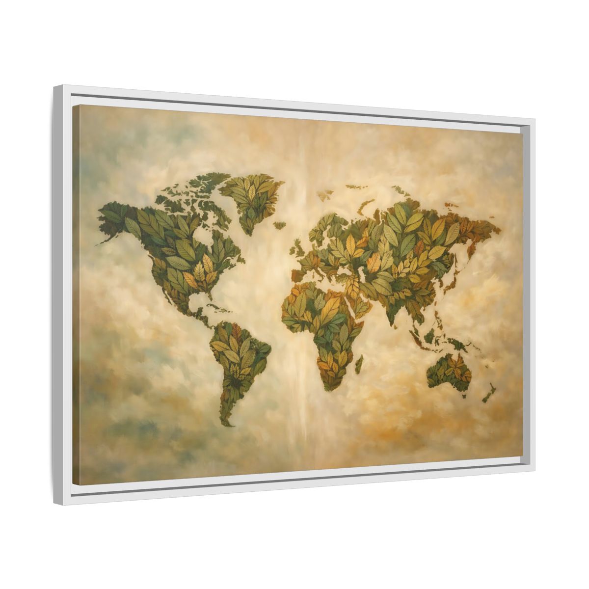 Side Mockup 10. Maps World Map Green World Map shown as stretched canvas wall art