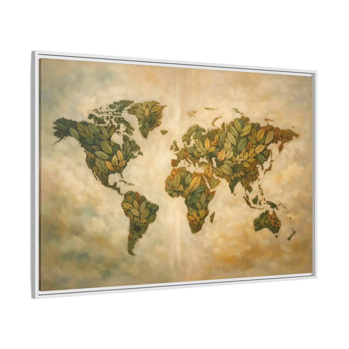 Side Mockup 7. Maps World Map Green World Map shown as stretched canvas wall art