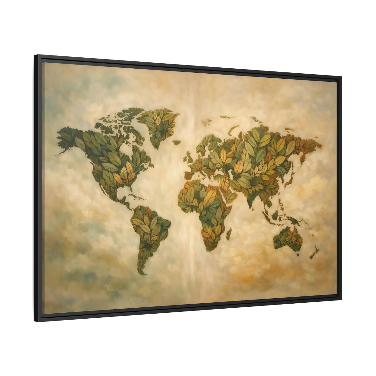 Side Mockup 12. Maps World Map Green World Map shown as stretched canvas wall art
