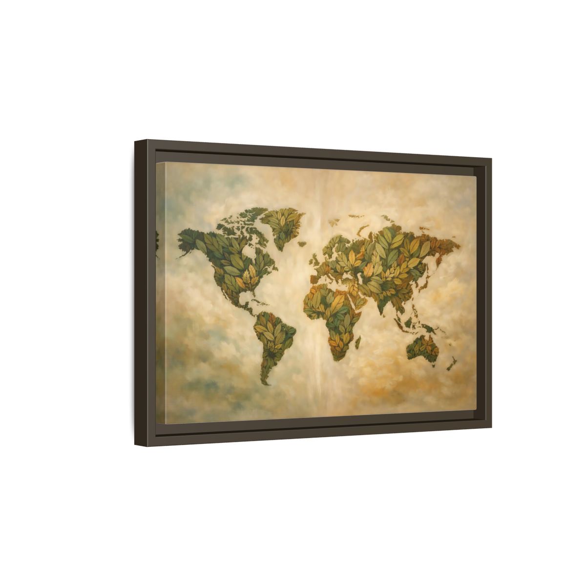 Side Mockup 5. Maps World Map Green World Map shown as stretched canvas wall art