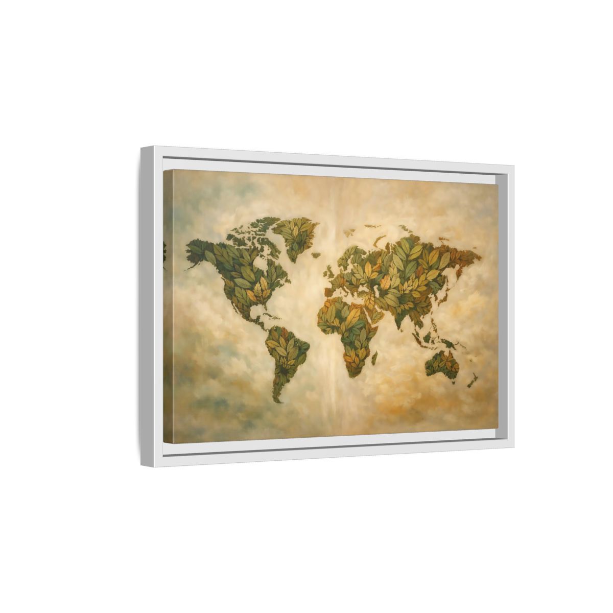 Side Mockup 4. Maps World Map Green World Map shown as stretched canvas wall art