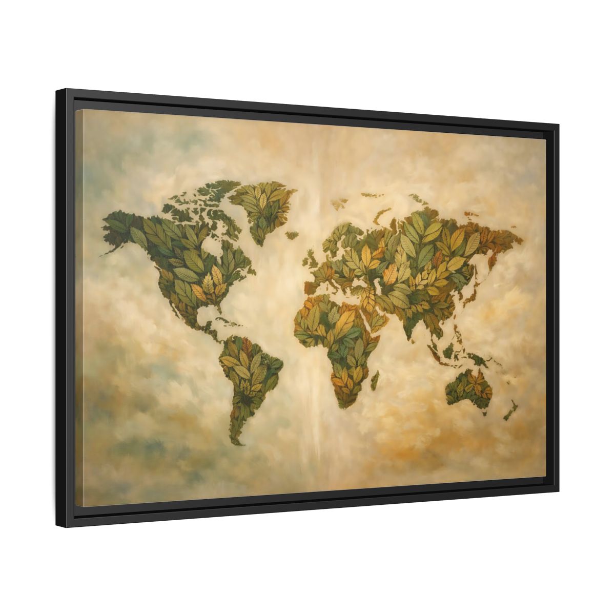 Side Mockup 14. Maps World Map Green World Map shown as stretched canvas wall art