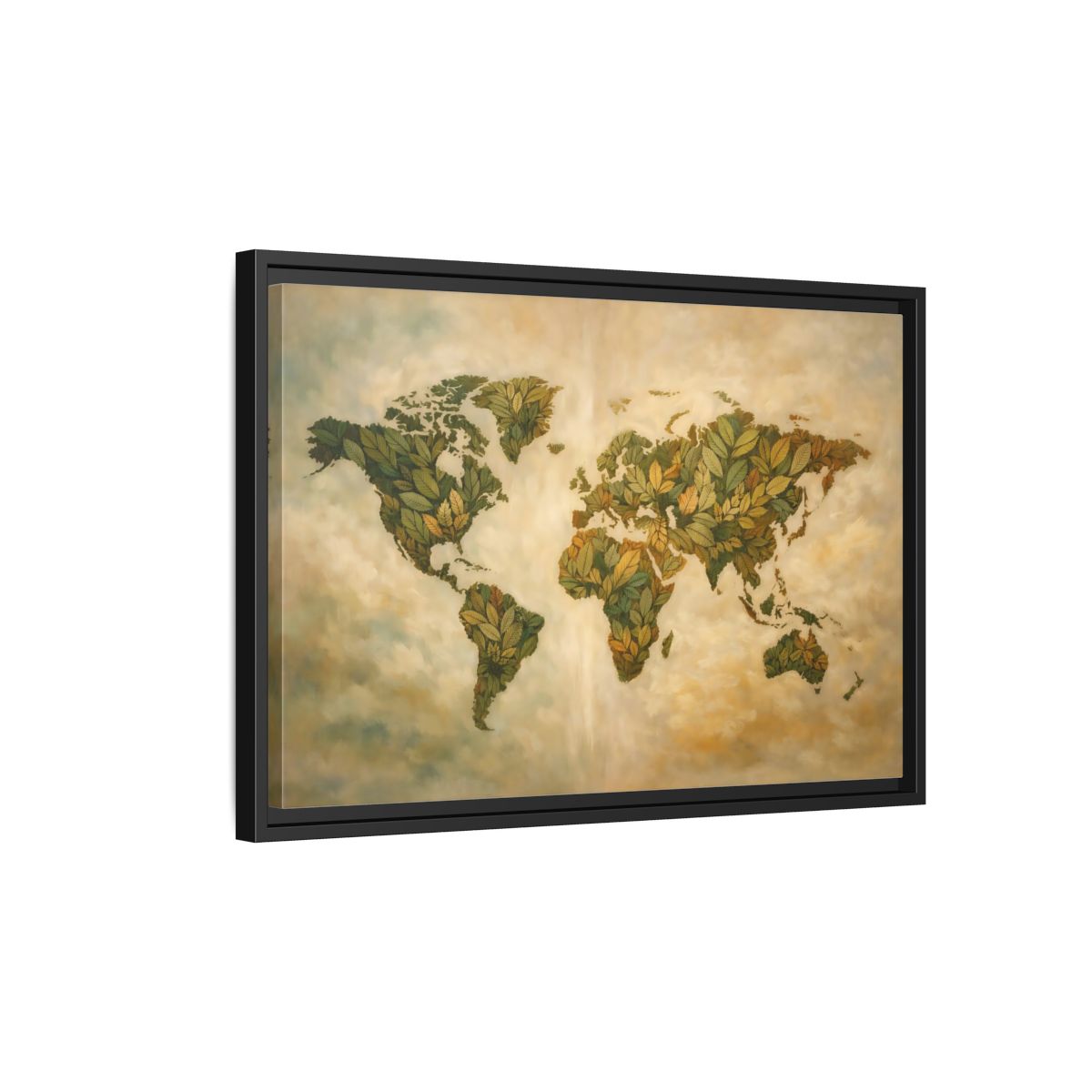Side Mockup 3. Maps World Map Green World Map shown as stretched canvas wall art