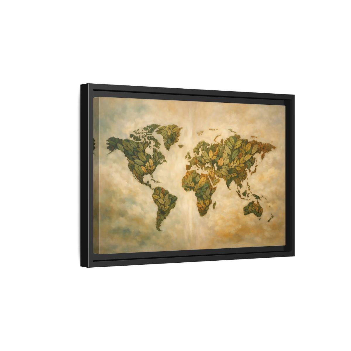 Side Mockup 6. Maps World Map Green World Map shown as stretched canvas wall art