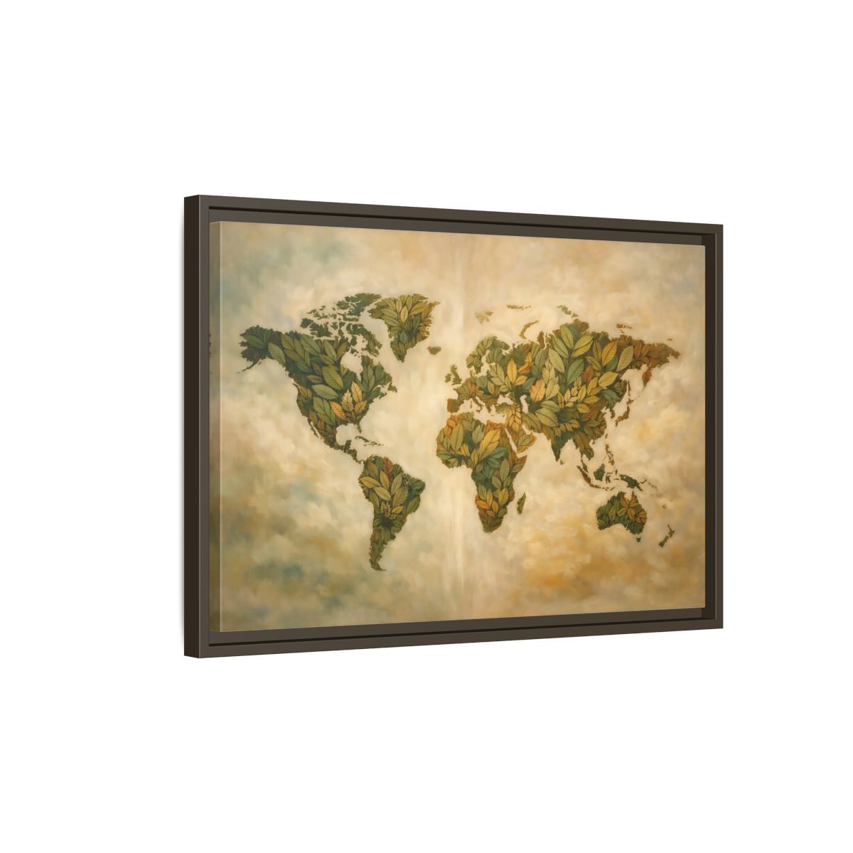 Side Mockup 2. Maps World Map Green World Map shown as stretched canvas wall art