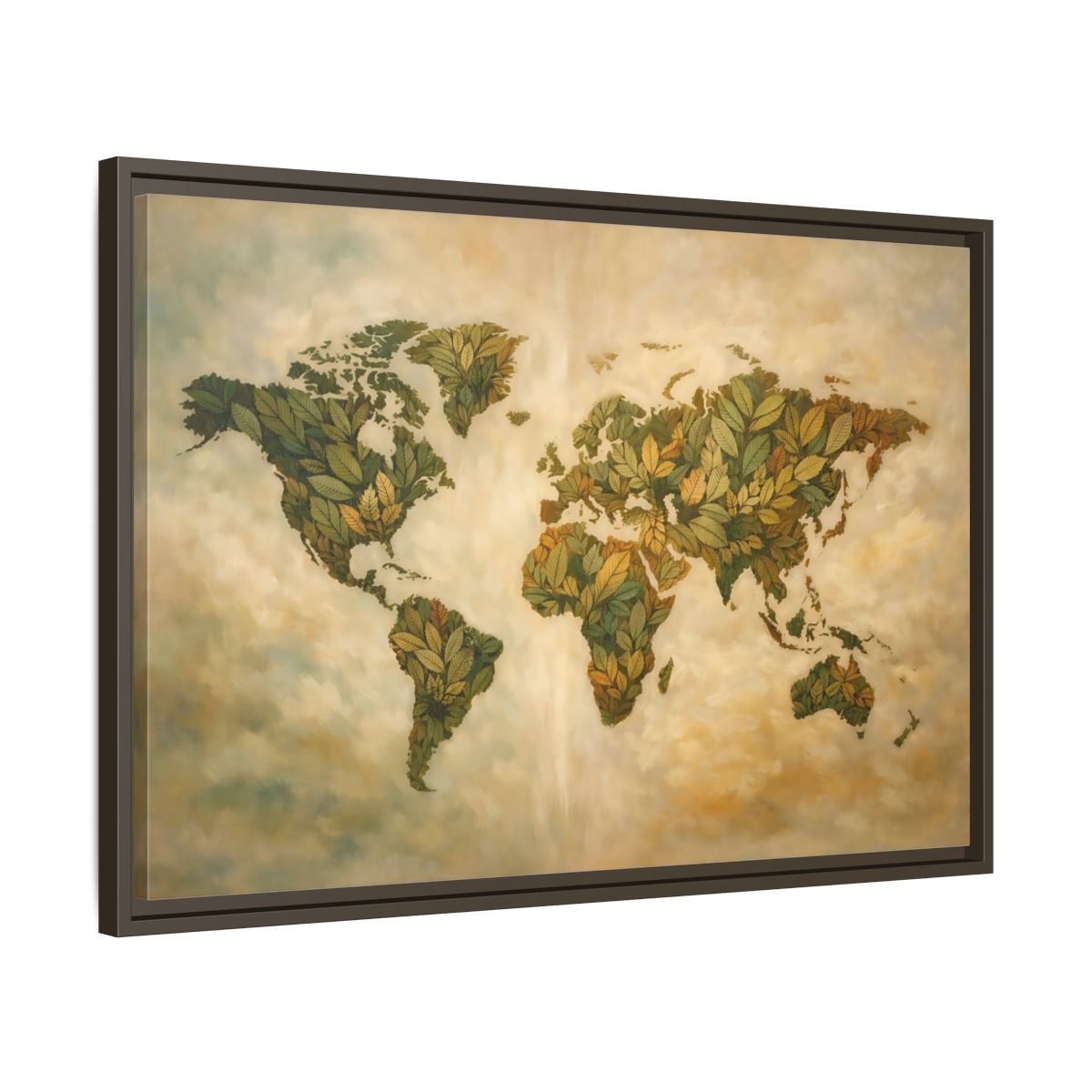 Side Mockup 11. Maps World Map Green World Map shown as stretched canvas wall art