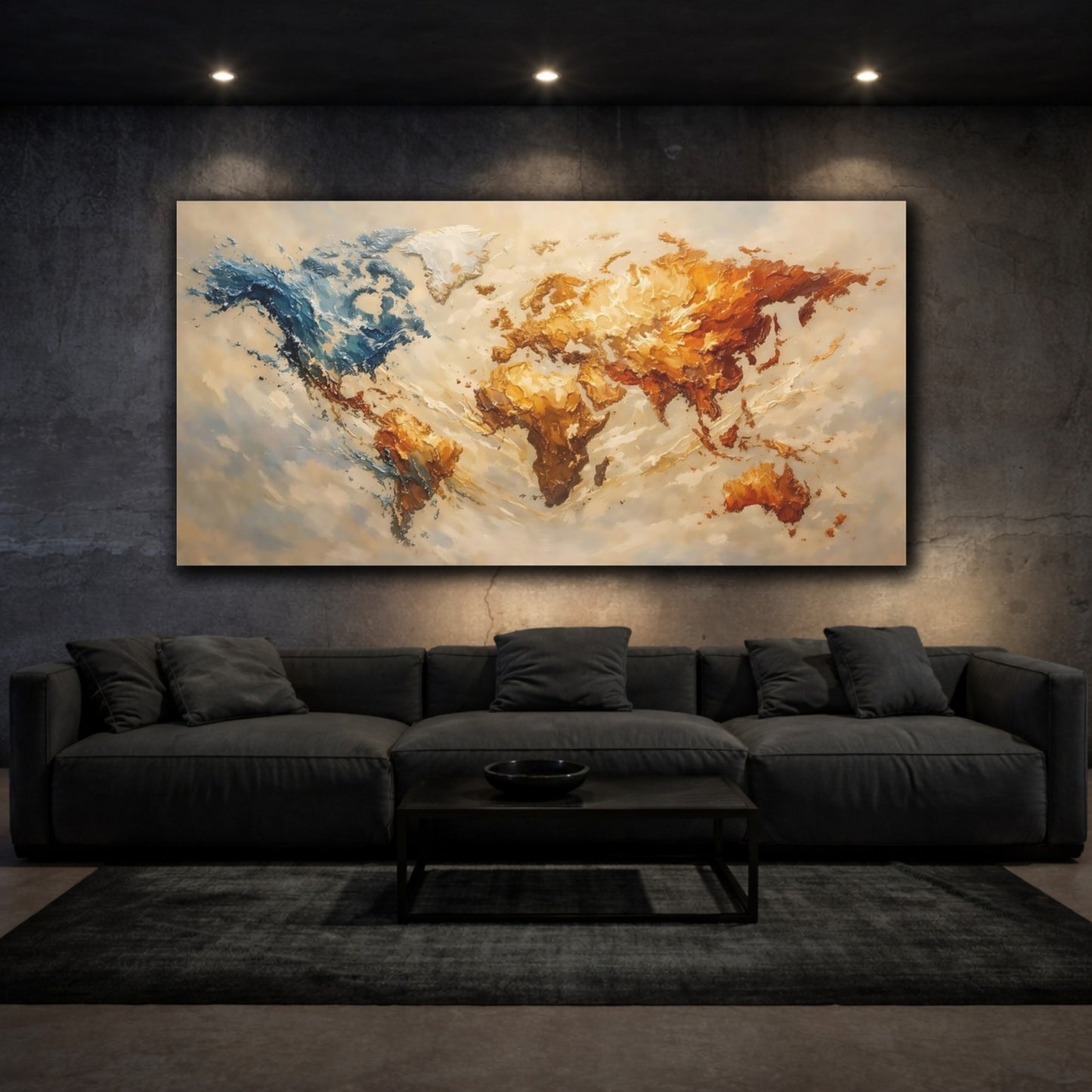 Mockup 2. Maps World Map Abstract World Map shown as stretched canvas wall art