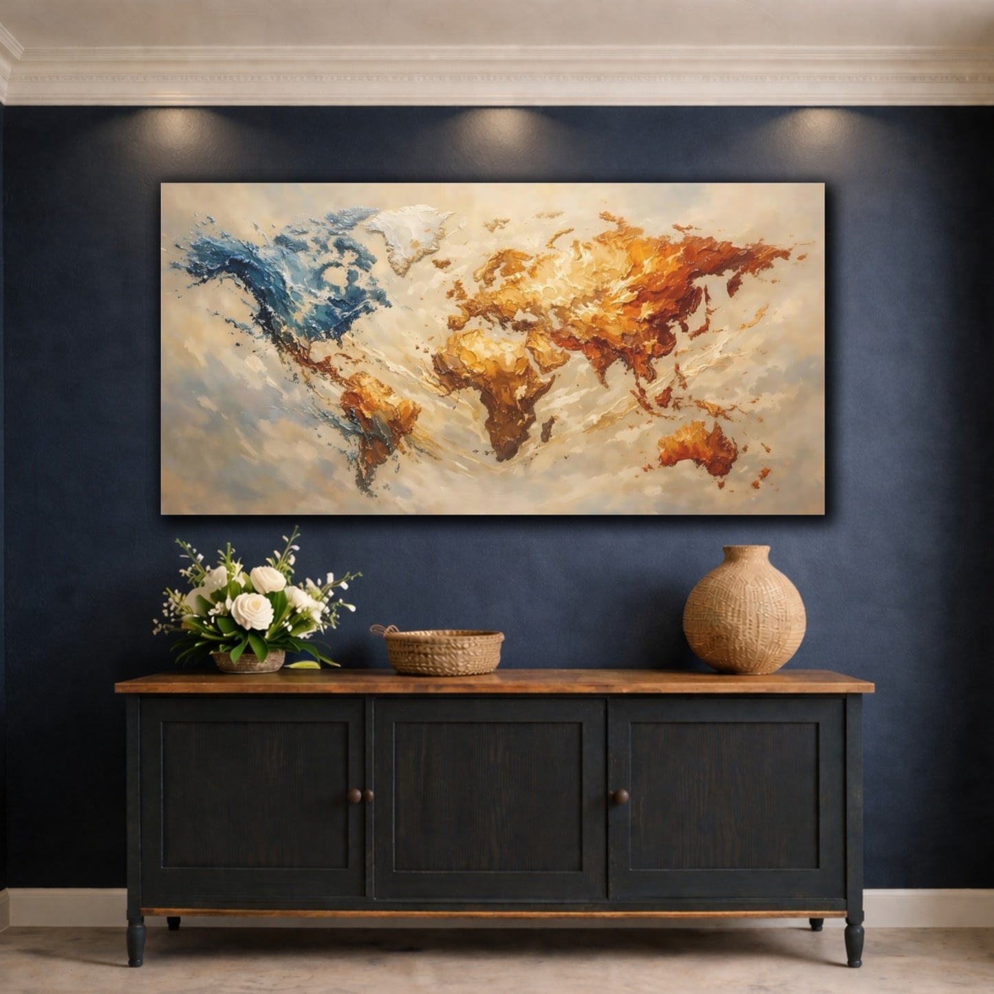 Mockup 4. Maps World Map Abstract World Map shown as stretched canvas wall art