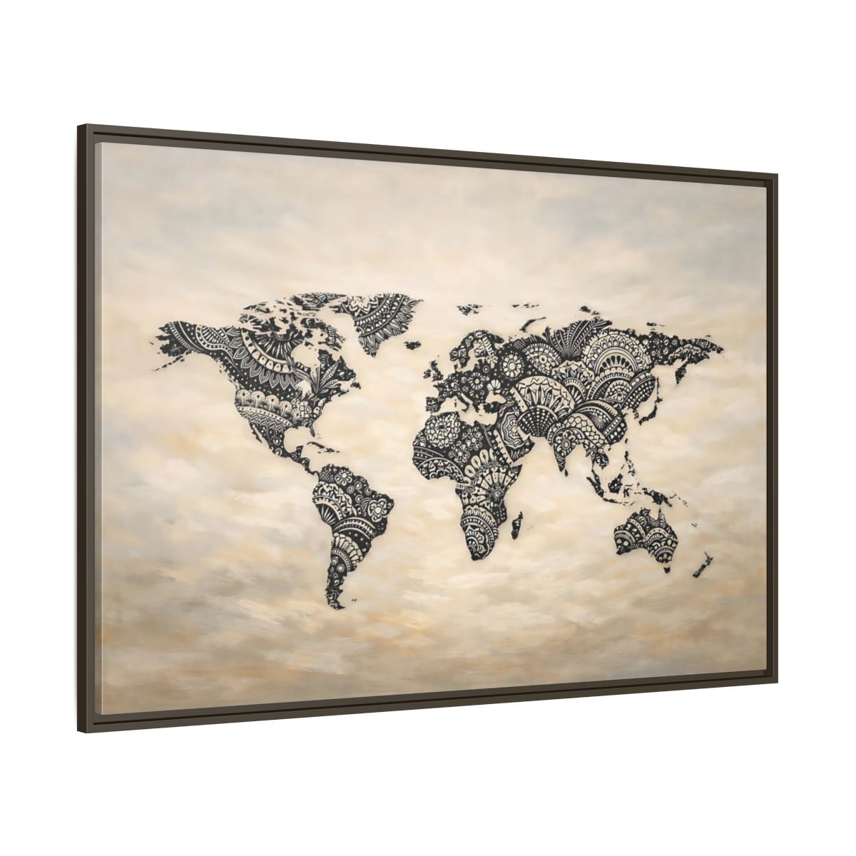 Main Mockup. Maps World Map Black And Beige shown as stretched canvas wall art