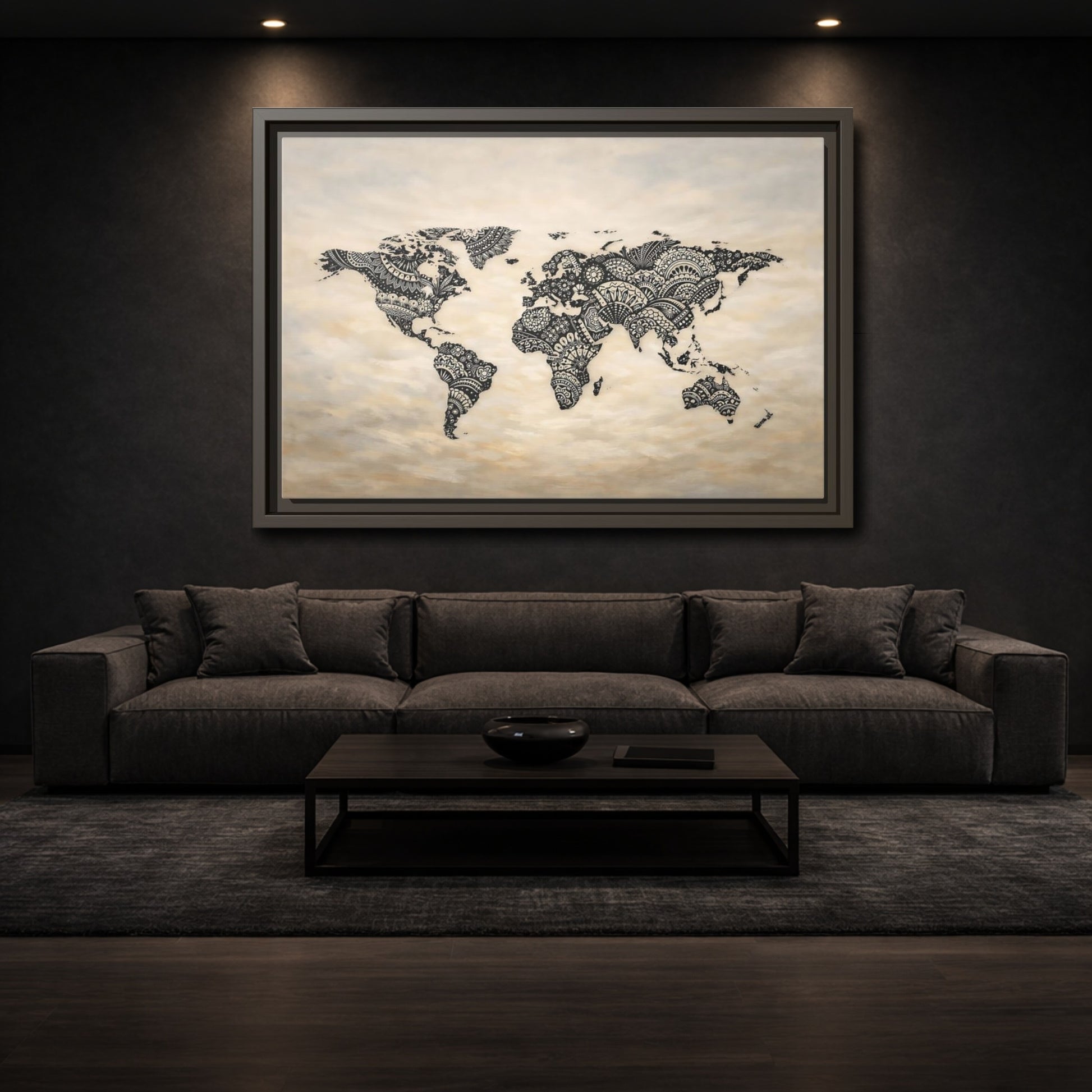 Mockup 2. Maps World Map Black And Beige shown as stretched canvas wall art