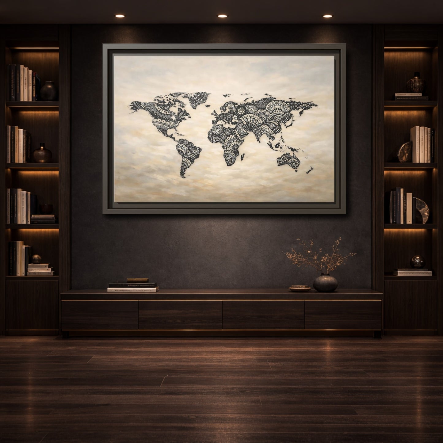 Mockup 3. Maps World Map Black And Beige shown as stretched canvas wall art