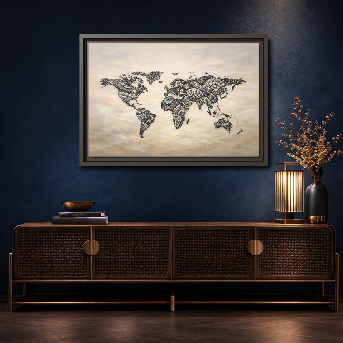 Mockup 4. Maps World Map Black And Beige shown as stretched canvas wall art