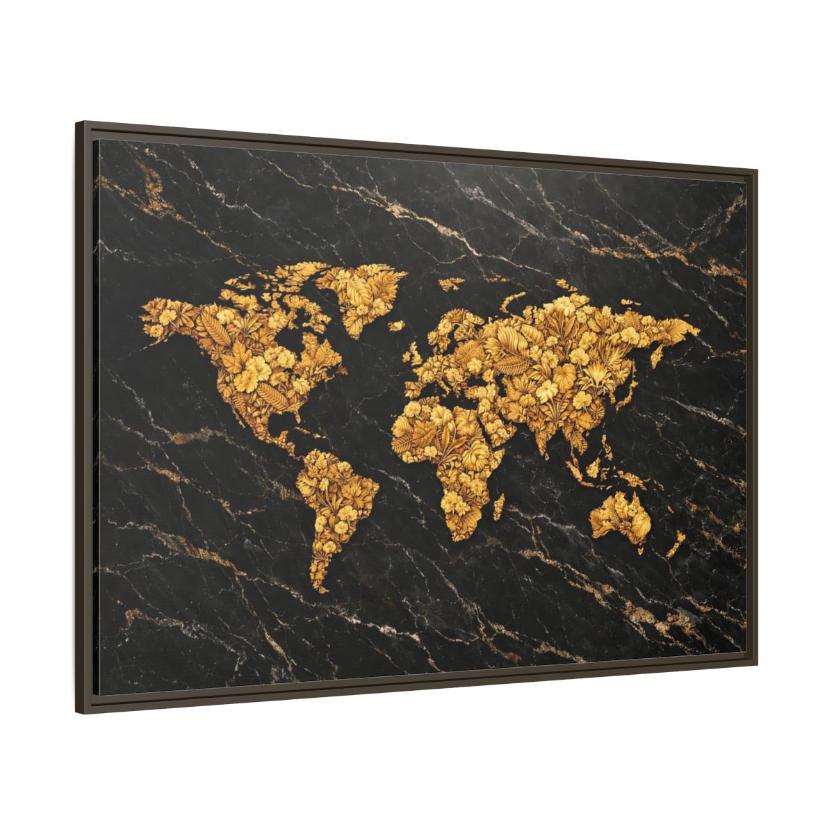 Main Mockup. Maps World Map Black And Gold shown as stretched canvas wall art