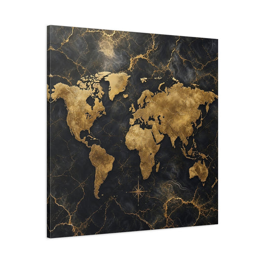 Main Mockup. Maps World Map Black And Gold shown as stretched canvas wall art