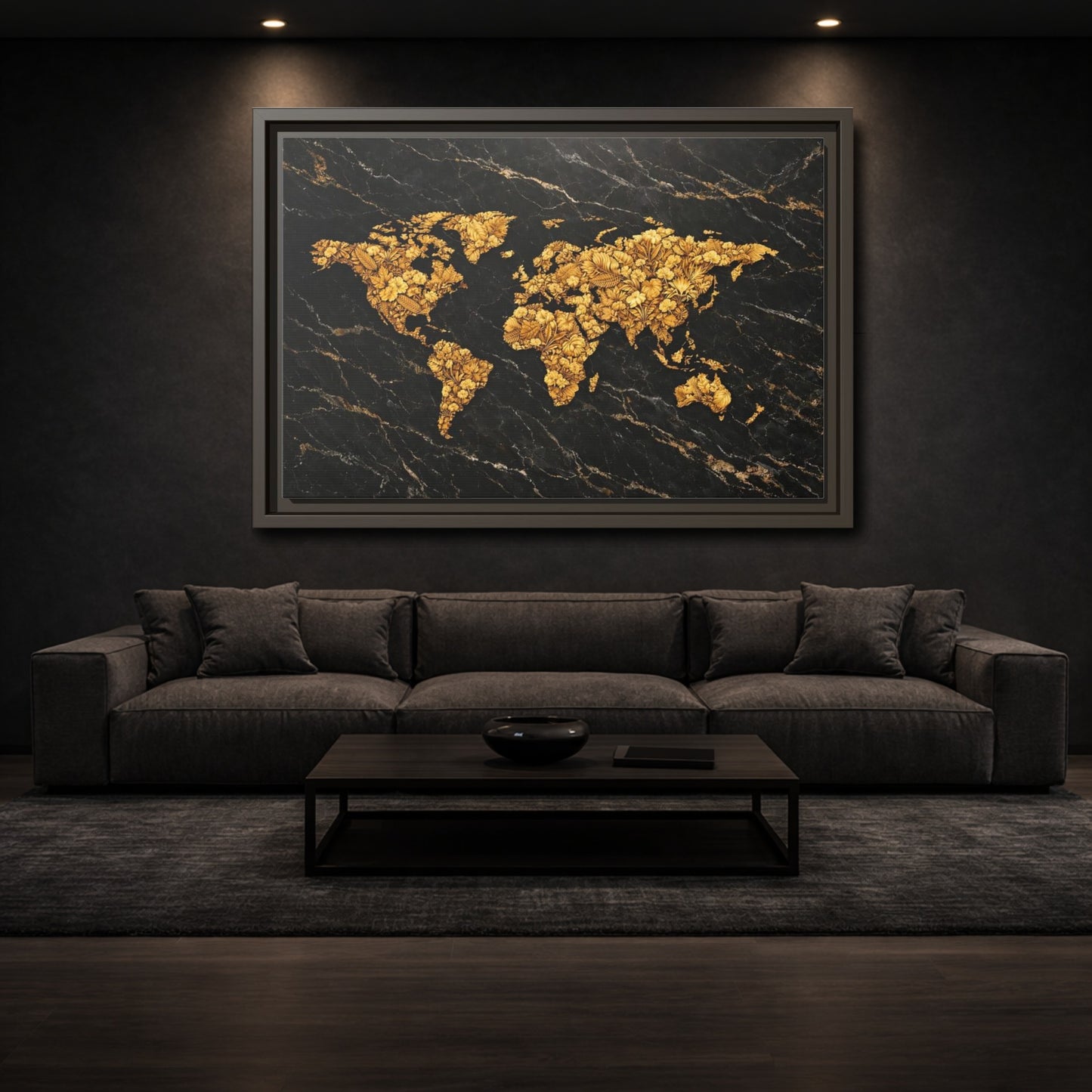 Mockup 2. Maps World Map Black And Gold shown as stretched canvas wall art