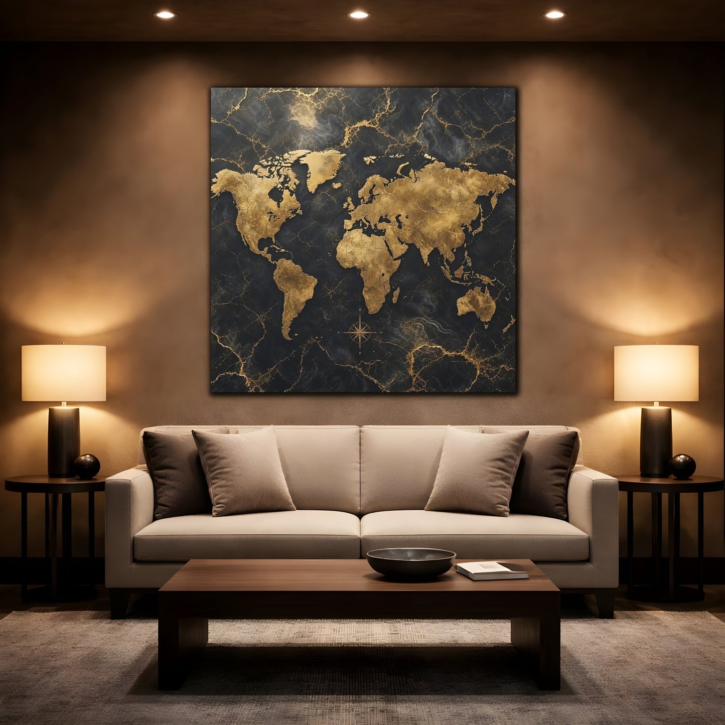 Mockup 2. Maps World Map Black And Gold shown as stretched canvas wall art