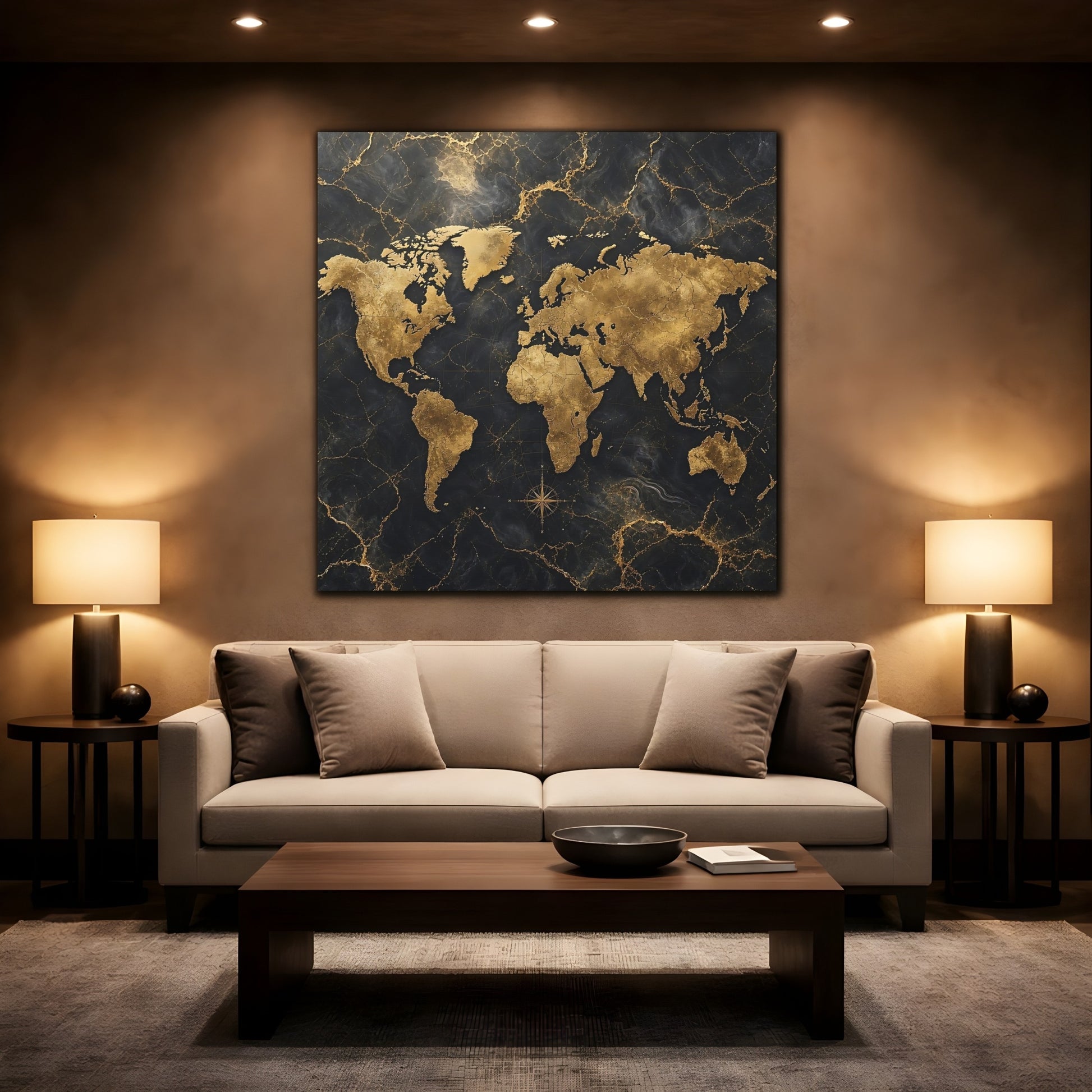 Mockup 2. Maps World Map Black And Gold shown as stretched canvas wall art