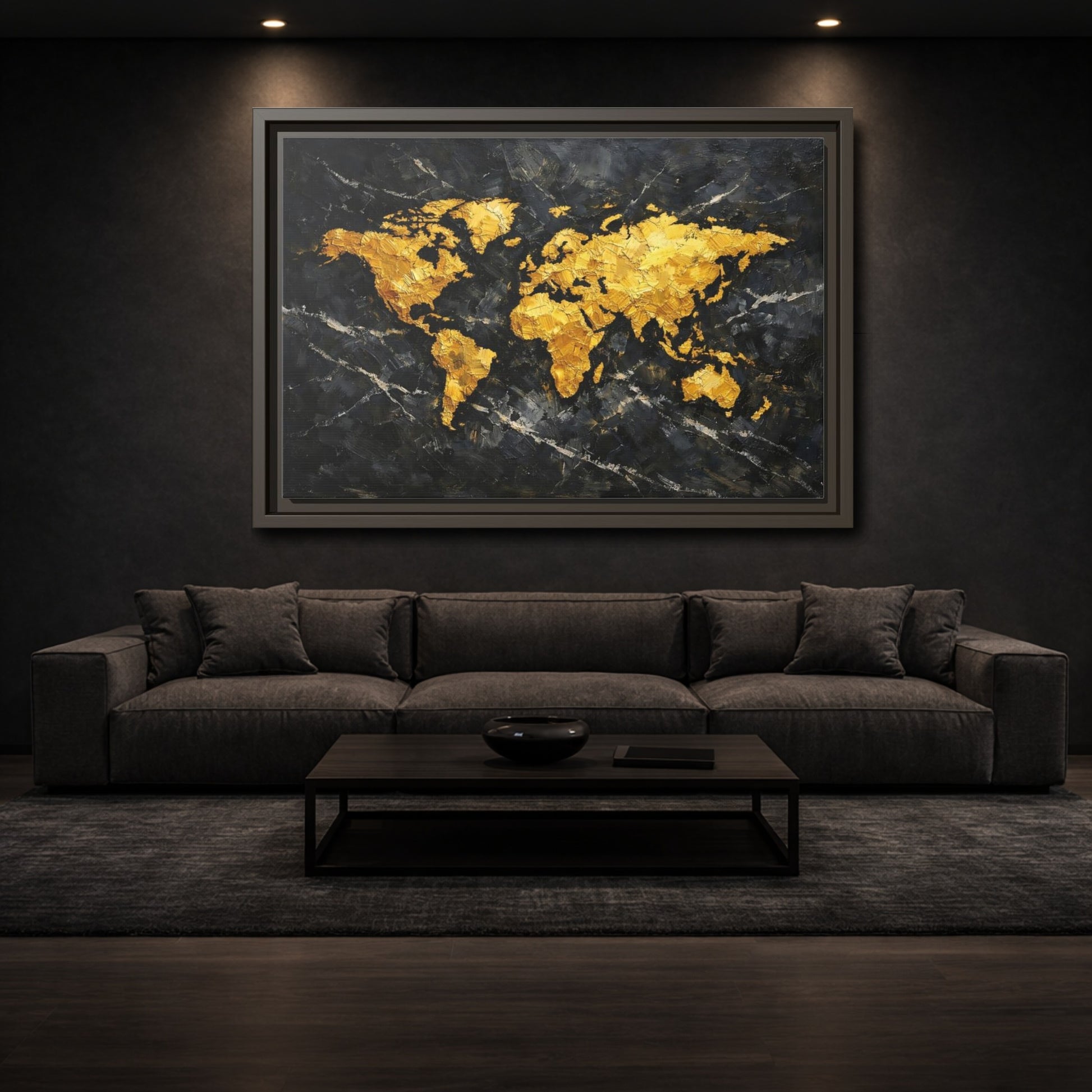 Mockup 2. Maps World Map Black And Gold shown as stretched canvas wall art