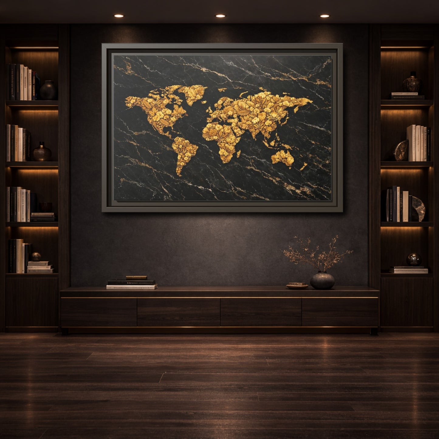 Mockup 3. Maps World Map Black And Gold shown as stretched canvas wall art