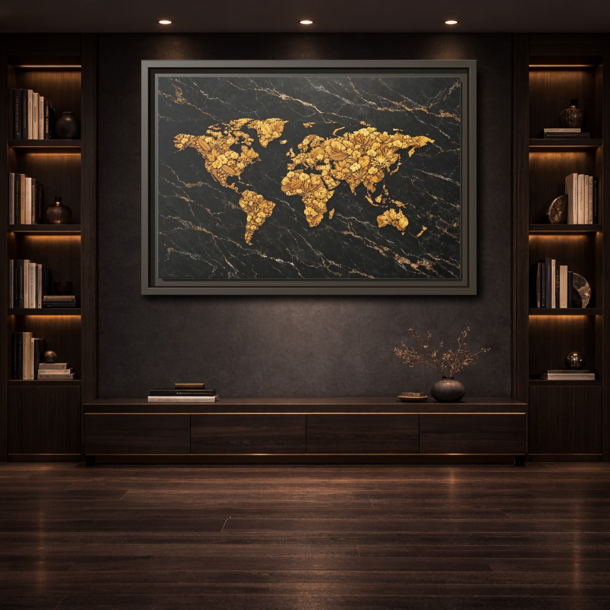 Mockup 3. Maps World Map Black And Gold shown as stretched canvas wall art