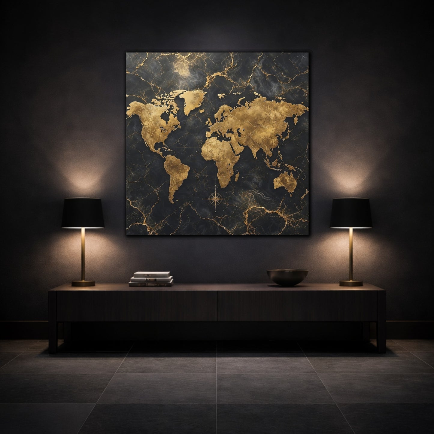 Mockup 3. Maps World Map Black And Gold shown as stretched canvas wall art