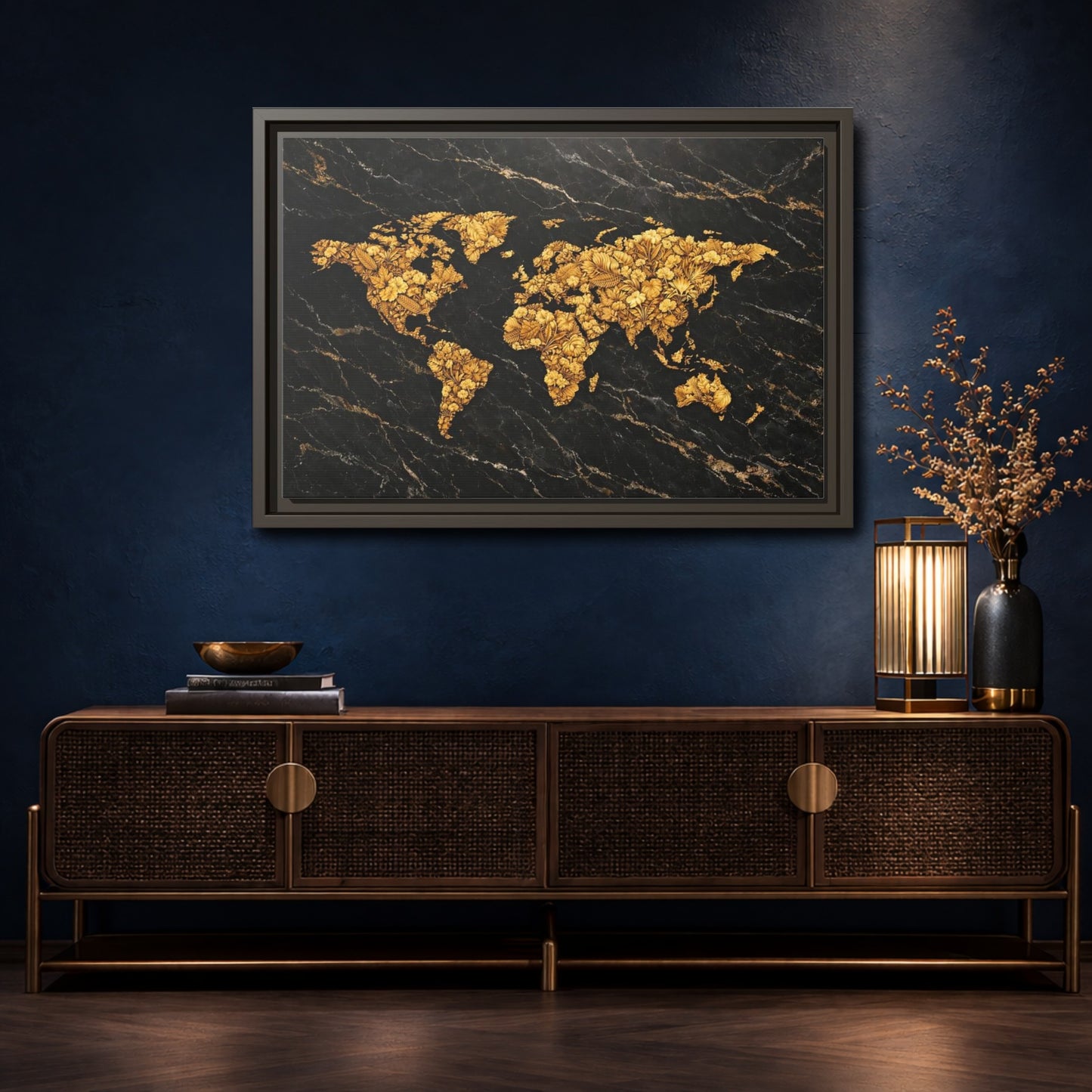 Mockup 4. Maps World Map Black And Gold shown as stretched canvas wall art