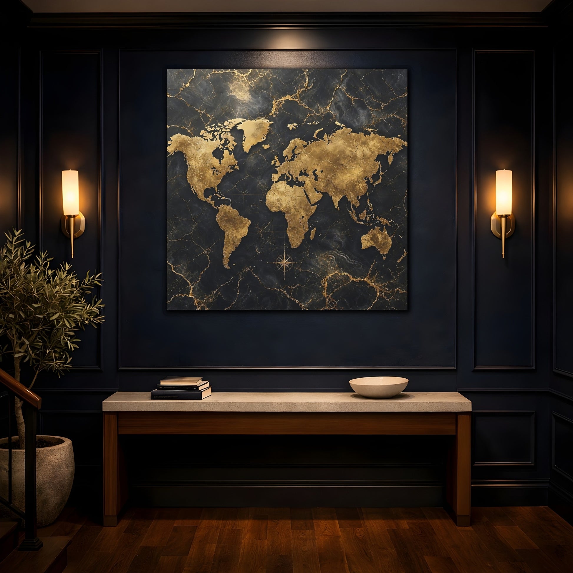 Mockup 4. Maps World Map Black And Gold shown as stretched canvas wall art