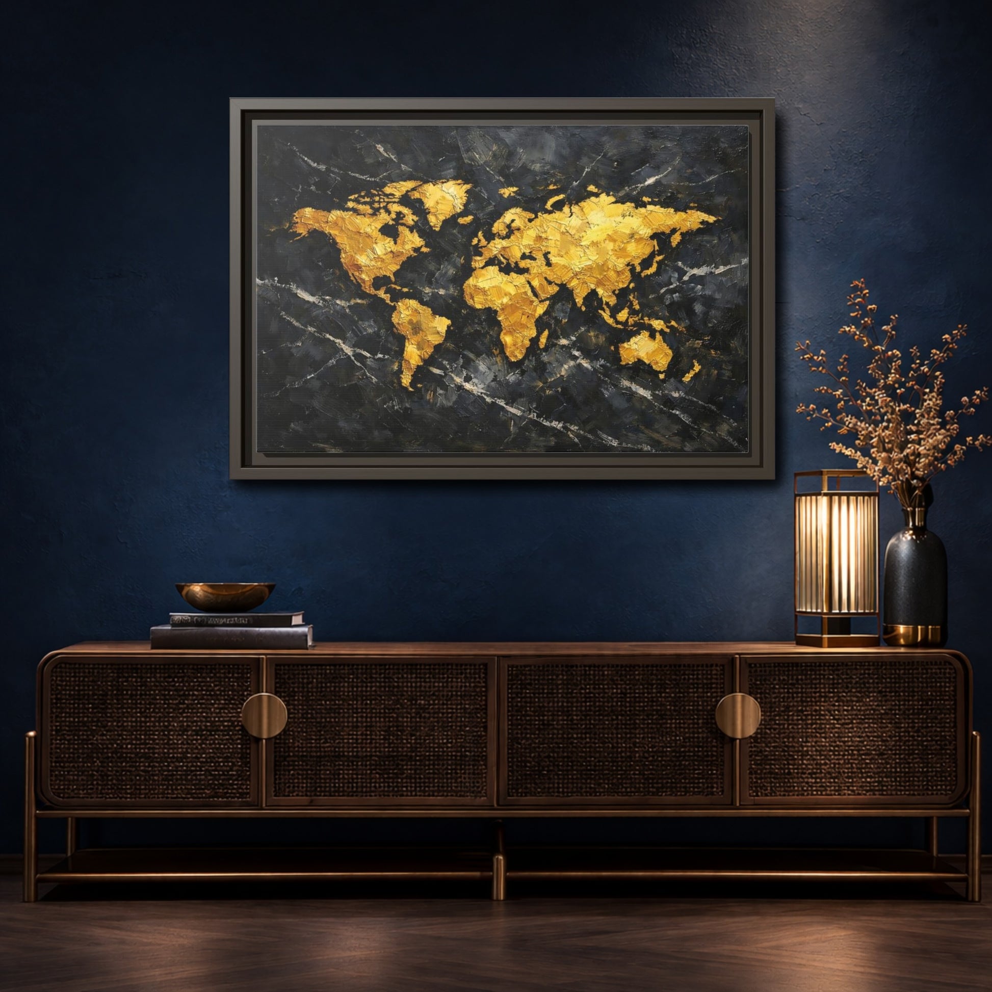 Mockup 4. Maps World Map Black And Gold shown as stretched canvas wall art