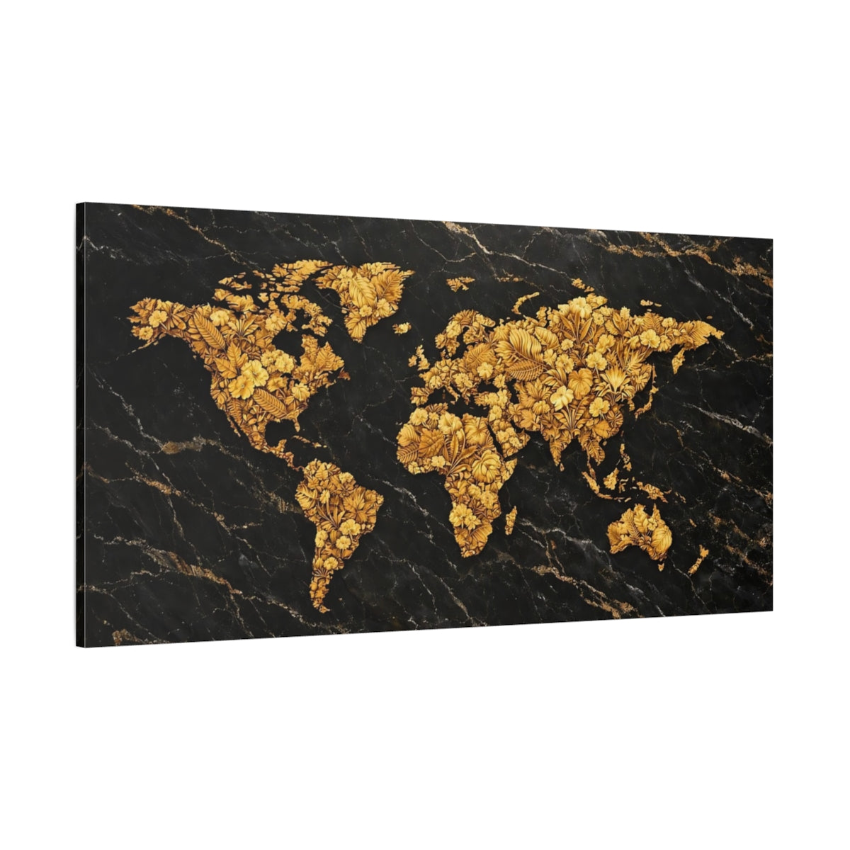 Main Mockup. Maps World Map Black Gold Map shown as stretched canvas wall art
