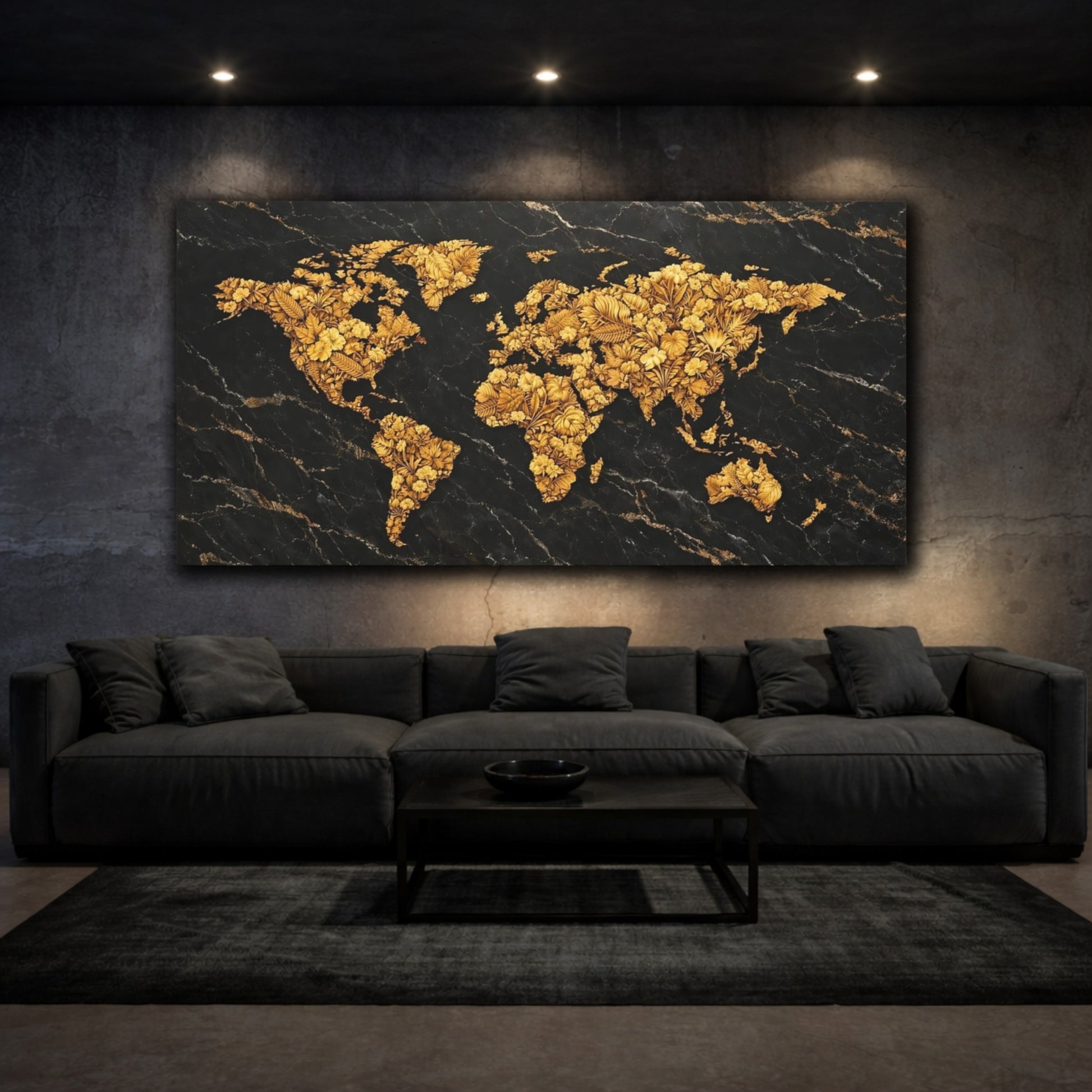 Mockup 2. Maps World Map Black Gold Map shown as stretched canvas wall art