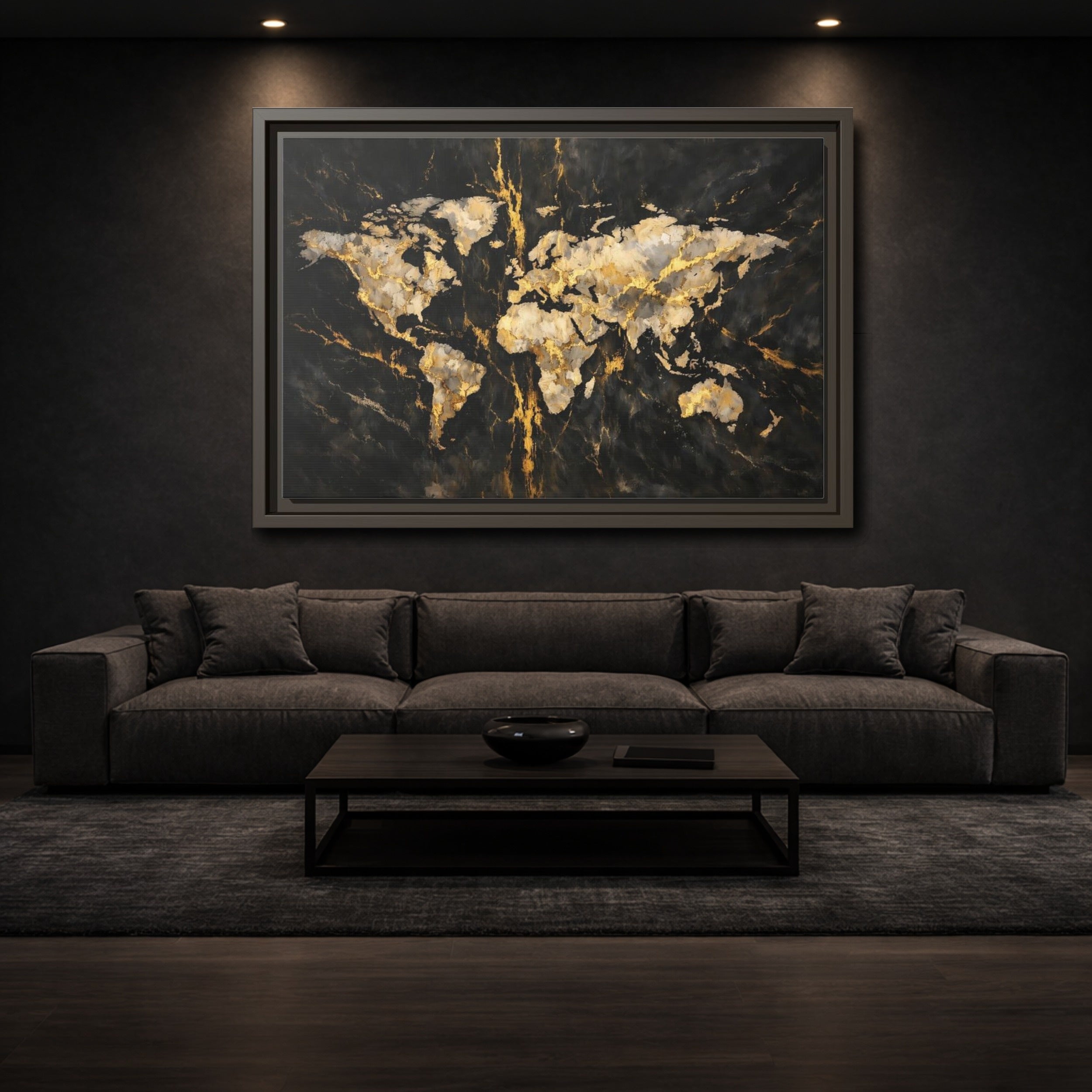 Black Gold World Map Framed Canvas Wall Art - YesArtYes