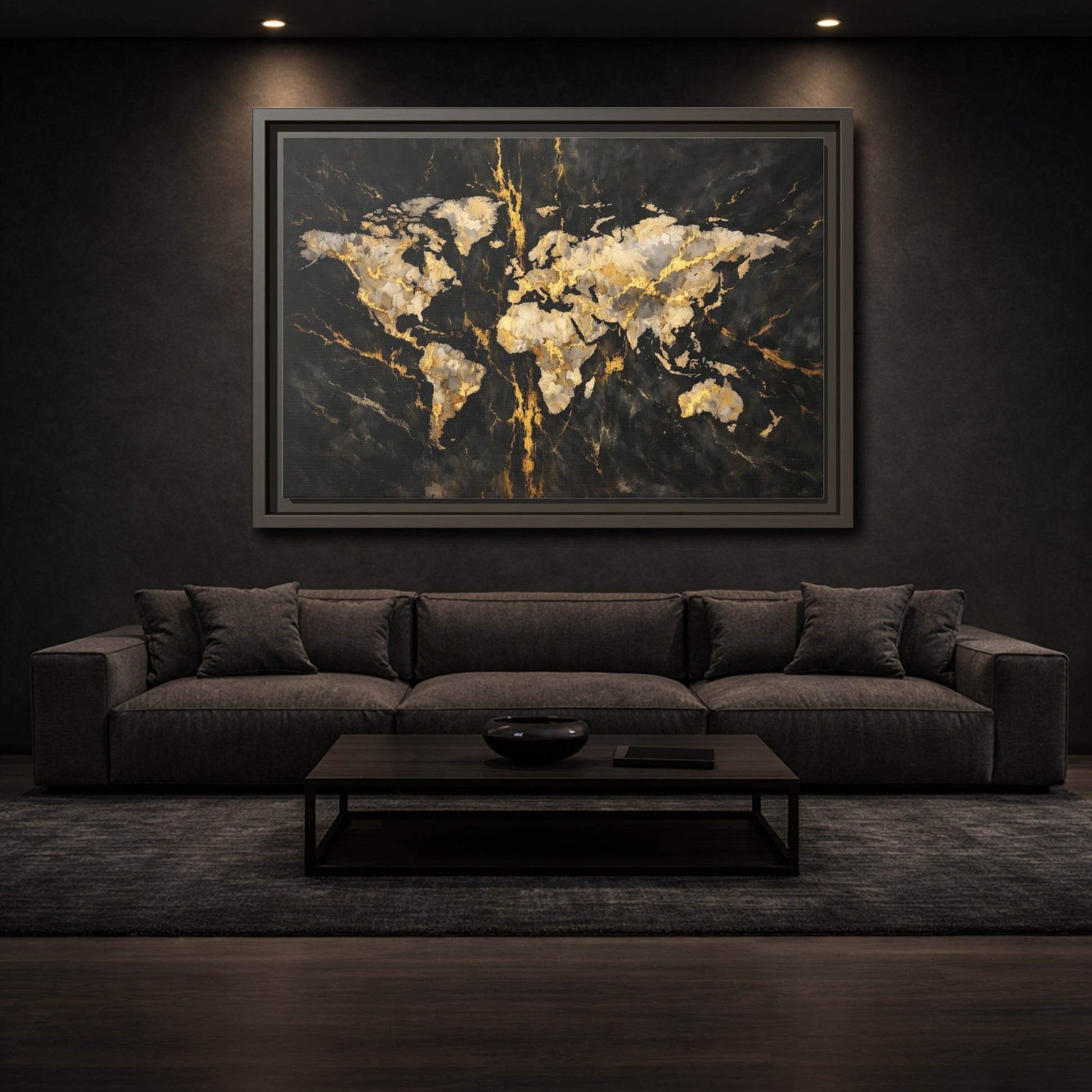 Mockup 2. Maps World Map Black Gold Map shown as stretched canvas wall art
