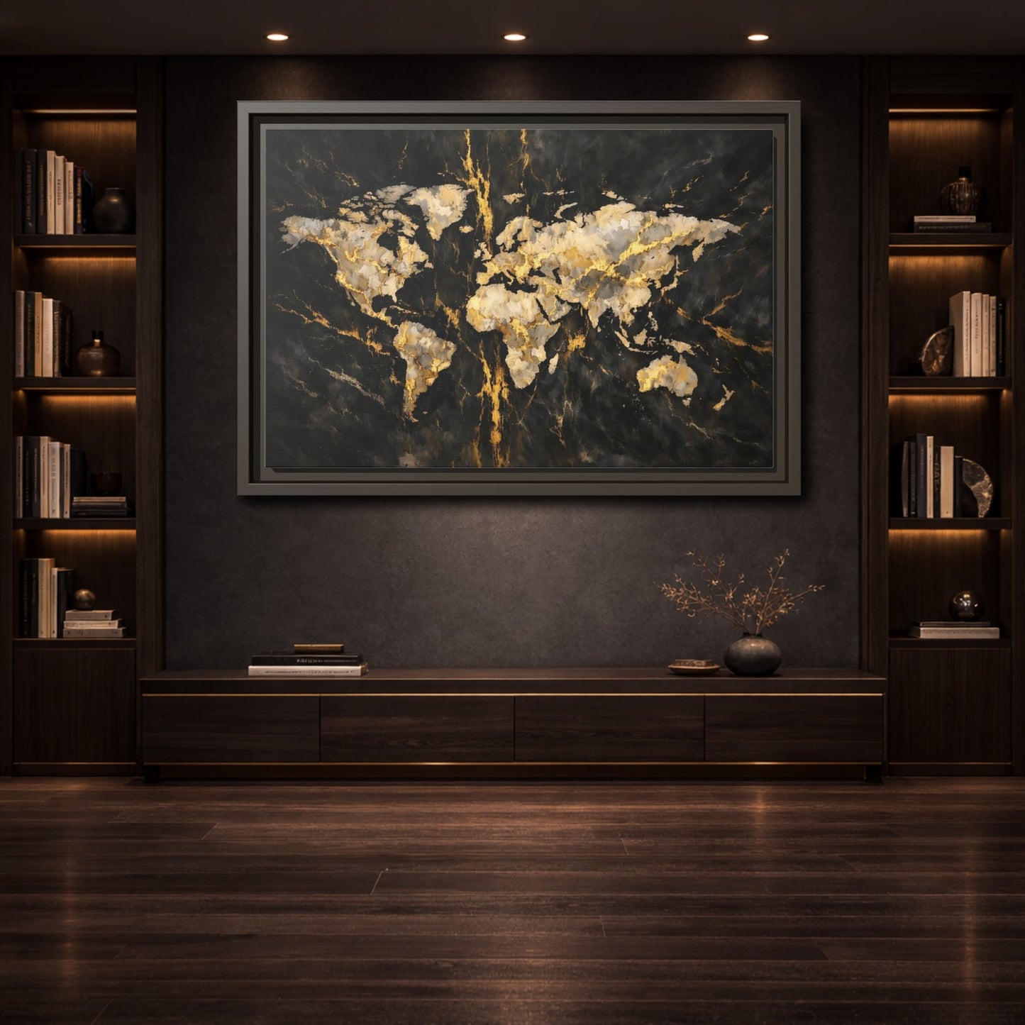 Mockup 3. Maps World Map Black Gold Map shown as stretched canvas wall art