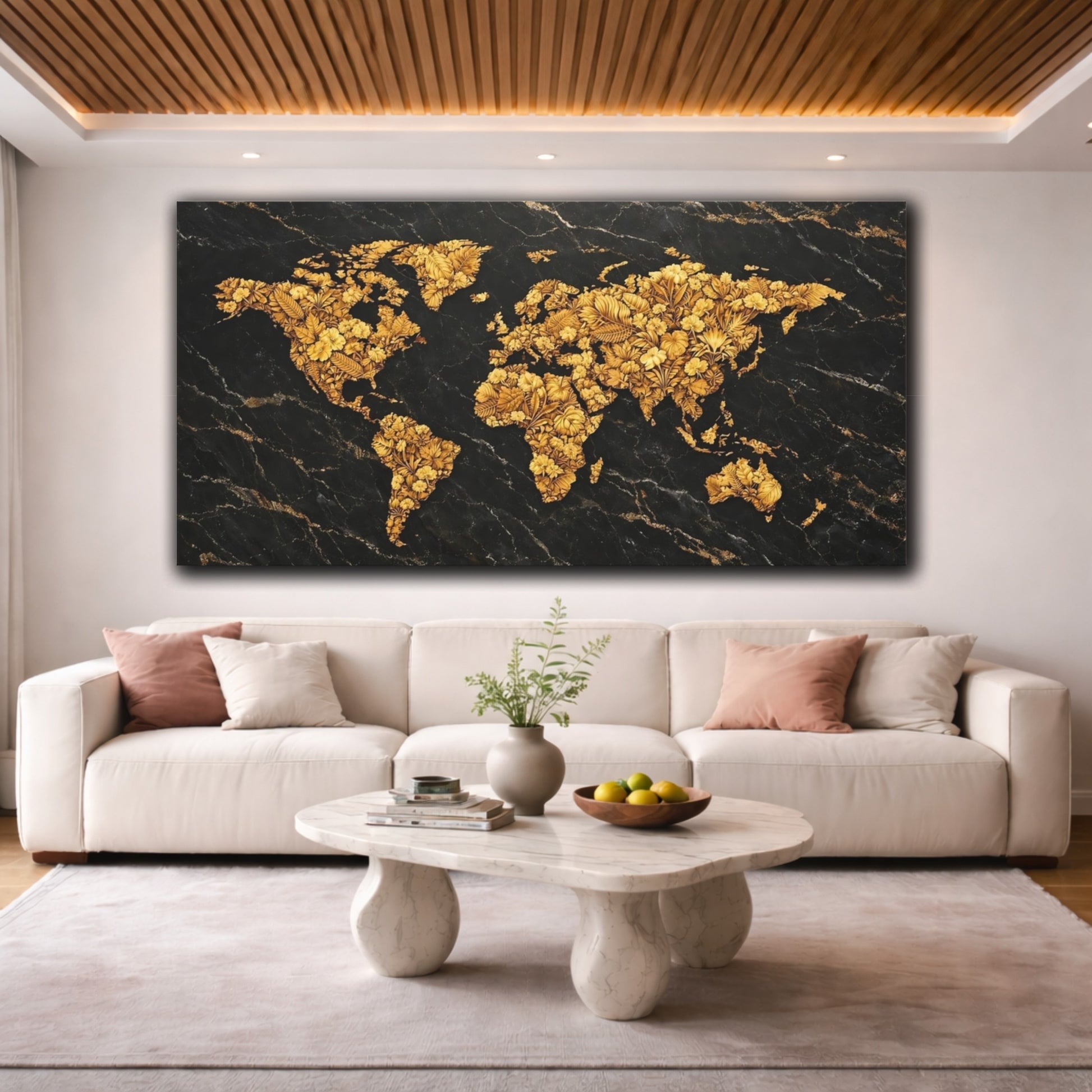 Mockup 3. Maps World Map Black Gold Map shown as stretched canvas wall art